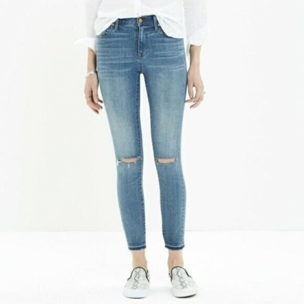 Madewell High Riser Skinny Jeans Raw Released Hem Light Wash Ripped Knee